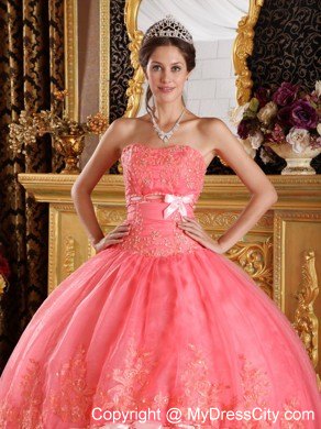 Watermelon Red Strapless Quinceanera Dress with Appliques