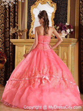 Watermelon Red Strapless Quinceanera Dress with Appliques