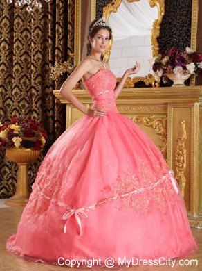 Watermelon Red Strapless Quinceanera Dress with Appliques