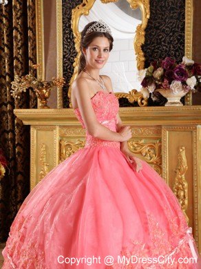 Watermelon Red Strapless Quinceanera Dress with Appliques