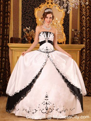 Stylish Embroidery Satin White and Black Quinceanera Dress