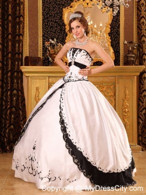 Stylish Embroidery Satin White and Black Quinceanera Dress