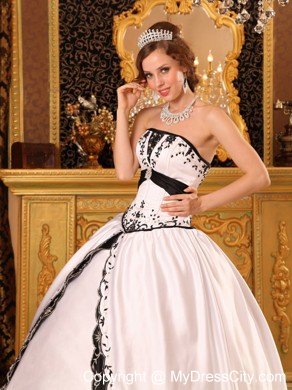 Stylish Embroidery Satin White and Black Quinceanera Dress