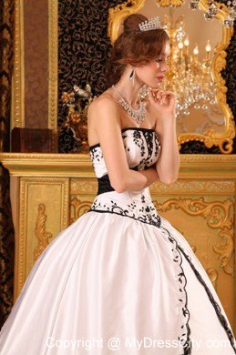 Stylish Embroidery Satin White and Black Quinceanera Dress