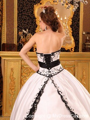 Stylish Embroidery Satin White and Black Quinceanera Dress