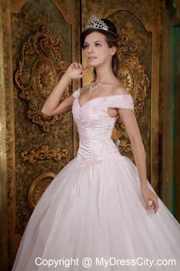 Light Pink Off The Shoulder Appliques Organza Sweet 15 Dresses