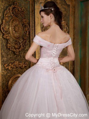 Light Pink Off The Shoulder Appliques Organza Sweet 15 Dresses