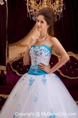 White A-line Sweetheart Quinceanera Dress with Blue Appliques