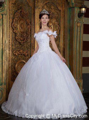 Flower Off The Shoulder Organza White Quinceanera Dress