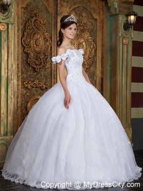 Flower Off The Shoulder Organza White Quinceanera Dress