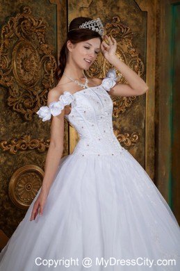 Flower Off The Shoulder Organza White Quinceanera Dress