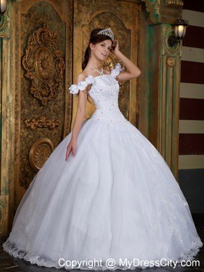 Flower Off The Shoulder Organza White Quinceanera Dress