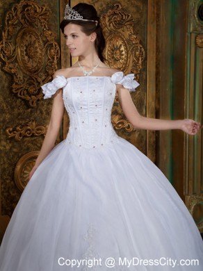 Flower Off The Shoulder Organza White Quinceanera Dress