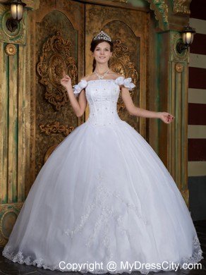 Flower Off The Shoulder Organza White Quinceanera Dress