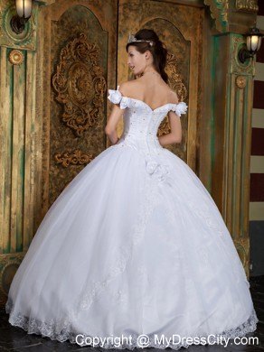 Flower Off The Shoulder Organza White Quinceanera Dress