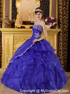 Organza Appliques Cascading Ruffles Blue Quinceanera Gowns