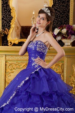 Organza Appliques Cascading Ruffles Blue Quinceanera Gowns