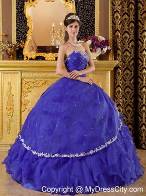 Organza Appliques Cascading Ruffles Blue Quinceanera Gowns