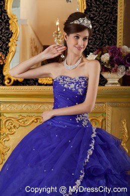 Organza Appliques Cascading Ruffles Blue Quinceanera Gowns