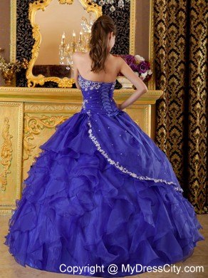 Organza Appliques Cascading Ruffles Blue Quinceanera Gowns