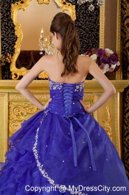 Organza Appliques Cascading Ruffles Blue Quinceanera Gowns