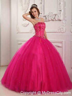 Elegant Beading Tulle Quinceanera Dress in Hot Pink