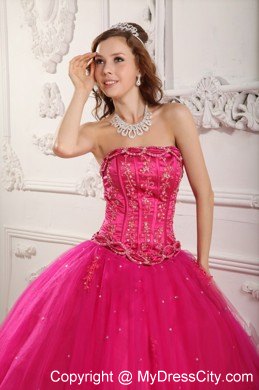 Elegant Beading Tulle Quinceanera Dress in Hot Pink