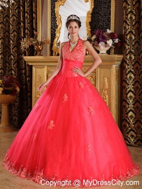 Coral Red Halter Lace Appliques Tulle Quinceanera Gown