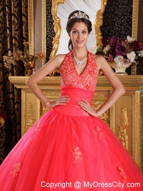 Coral Red Halter Lace Appliques Tulle Quinceanera Gown