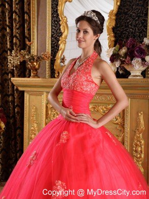 Coral Red Halter Lace Appliques Tulle Quinceanera Gown