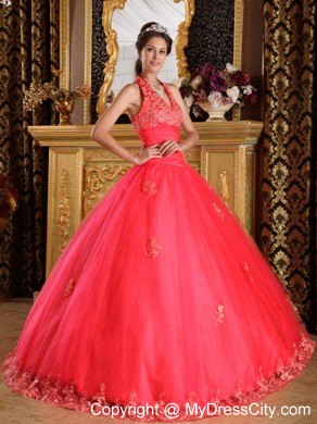 Coral Red Halter Lace Appliques Tulle Quinceanera Gown