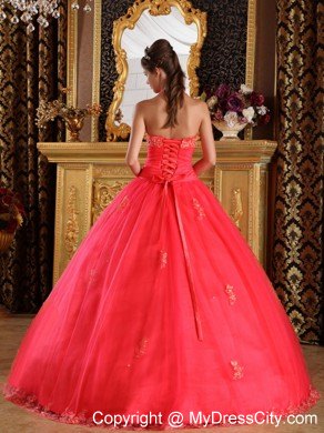 Coral Red Halter Lace Appliques Tulle Quinceanera Gown