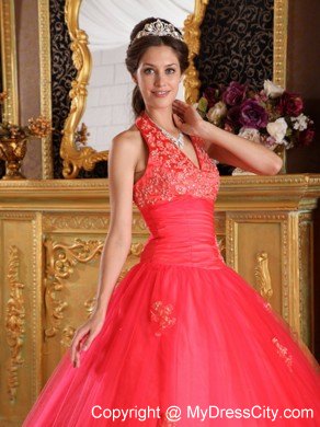 Coral Red Halter Lace Appliques Tulle Quinceanera Gown