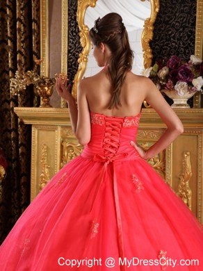 Coral Red Halter Lace Appliques Tulle Quinceanera Gown