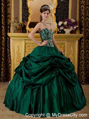 Dark Green Corset Taffeta Embroidery Dress for Sweet 15