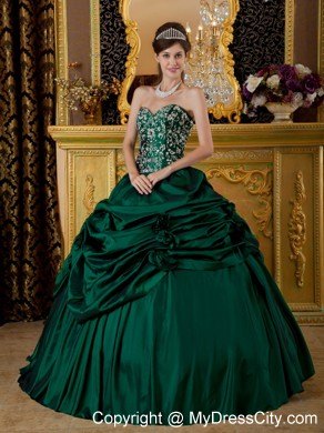 Dark Green Corset Taffeta Embroidery Dress for Sweet 15