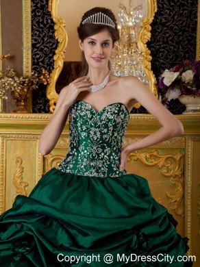 Dark Green Corset Taffeta Embroidery Dress for Sweet 15