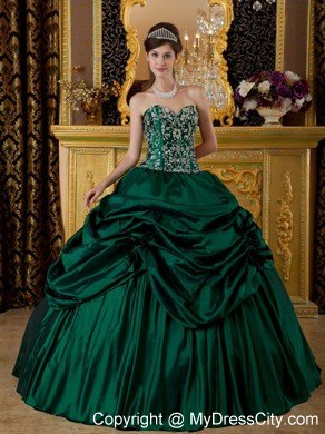 Dark Green Corset Taffeta Embroidery Dress for Sweet 15