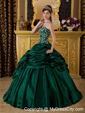 Dark Green Corset Taffeta Embroidery Dress for Sweet 15