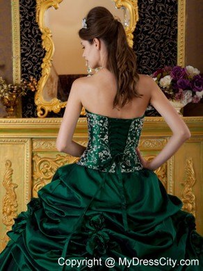 Dark Green Corset Taffeta Embroidery Dress for Sweet 15