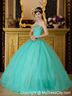 Turquoise Strapless Organza Quinceanera Dress with Beading