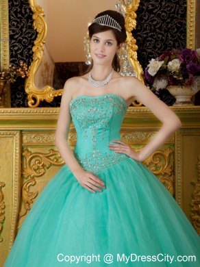 Turquoise Strapless Organza Quinceanera Dress with Beading