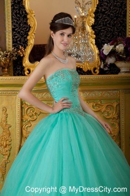 Turquoise Strapless Organza Quinceanera Dress with Beading