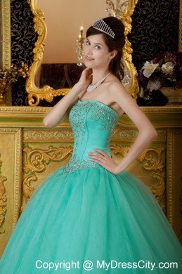 Turquoise Strapless Organza Quinceanera Dress with Beading