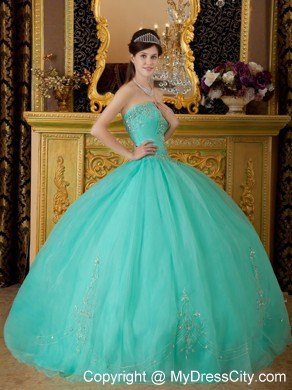 Turquoise Strapless Organza Quinceanera Dress with Beading