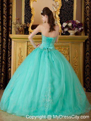 Turquoise Strapless Organza Quinceanera Dress with Beading