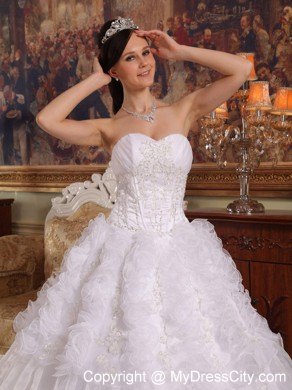 White Sweetheart Organza Ruffled Quinceanera Dress