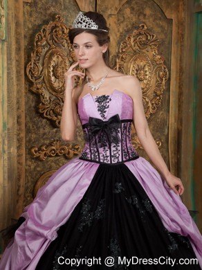 Lavender and Black Strapless Quinceanera Dress with Bow