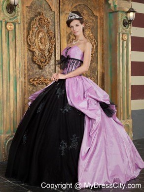 Lavender and Black Strapless Quinceanera Dress with Bow