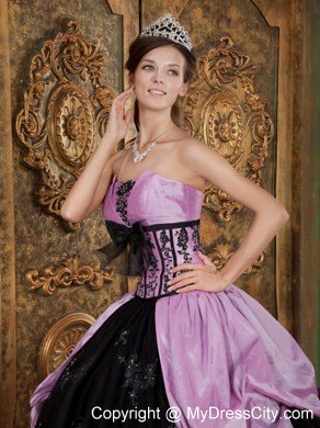 Lavender and Black Strapless Quinceanera Dress with Bow